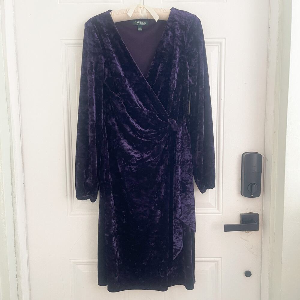 Lauren Ralph Lauren Purple Crushed Velvet Wrap Dress Size 6 Ruched Long Sleeve